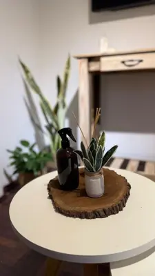 a table with a bottle of soap and a plant at Departamento en Nueva Cordoba in Cordoba