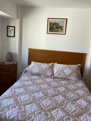 a bedroom with a bed with a wooden head board at Departamento temporario Colon y Fragueiro in Cordoba