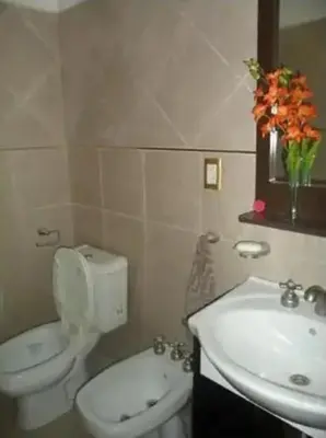 a bathroom with a white toilet and a sink at Departamentos Luluara in Villa Carlos Paz