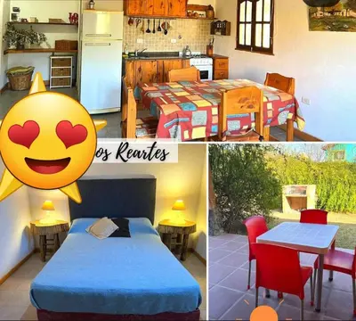 two pictures of a room with two beds and a kitchen at das gelbe haus in Los Reartes