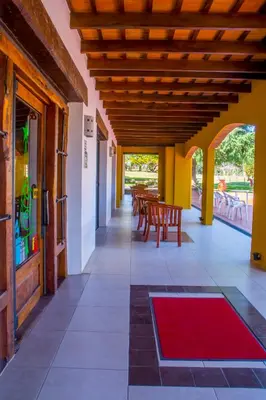 a hallway with tables and chairs and a red rug at Hotel Parque in Merlo