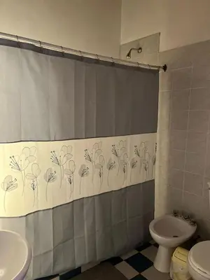 a bathroom with a shower curtain with a toilet and a sink at Cabaña Don Licho in San Javier
