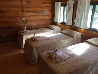 three beds in a room with wooden walls and windows at Del Milagro Cabañas & Posada in Villa General Belgrano
