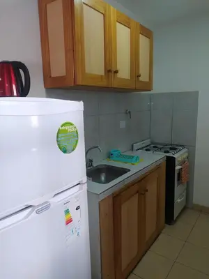 a kitchen with a white refrigerator and a sink at Luma Departamento, con Pileta in Villa Dolores