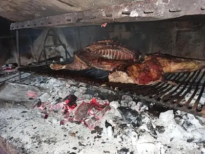 a turkey and meat cooking on a grill at Complejo EL ALTO in Tanti