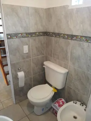 a bathroom with a toilet and a toilet paper dispenser at Cabañas Jazmines del Lago in San Roque
