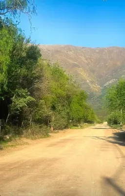 a dirt road with trees and a mountain in the background at Duplex Las Violetas in Merlo