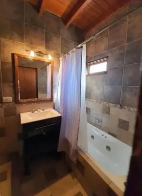 a bathroom with a sink and a shower and a mirror at Duplex Las Violetas in Merlo