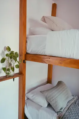 two bunk beds with white pillows and a plant at Hostel céntrico Casa Revol in Cordoba