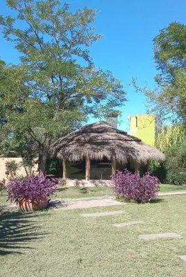 a hut with a grass roof and purple flowers at Cabañas Pedras Moras in Tanti