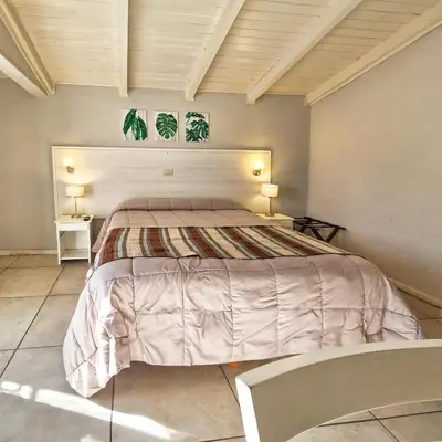 a bedroom with a bed with two plants on the wall at Tirol D'andrea in Villa General Belgrano