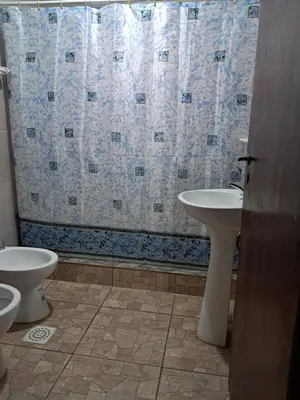 a bathroom with two toilets and a shower curtain at Hospedaje Pringles in Santa Rosa del Conlara