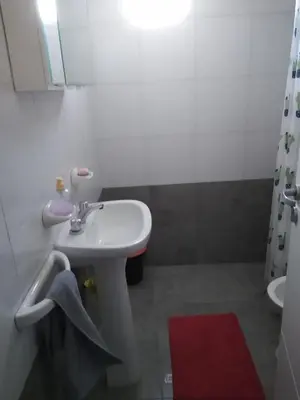 a bathroom with a sink and a red rug at Departamento céntrico amplio in Río Cuarto