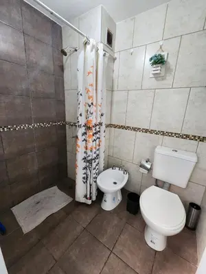 a bathroom with a toilet and a shower curtain at General Paz KT I 7 in Cordoba