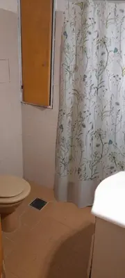 a bathroom with a shower curtain and a toilet at Departamento funcional in Villa Carlos Paz