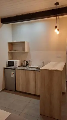 a kitchen with a microwave and a counter top at Olmos Suites in Mina Clavero