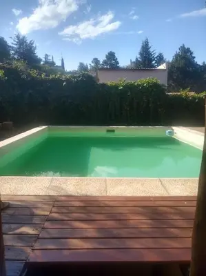a pool of green water in a yard at Cabañas aguaribay in Villa Parque Siquiman