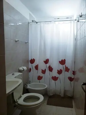 a bathroom with a toilet and a shower curtain with red flowers at Departamento en calle 9 de Julio in Cordoba