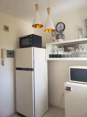 a kitchen with a refrigerator and a microwave at Departamento en calle 9 de Julio in Cordoba
