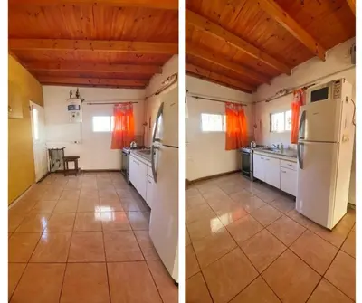 two pictures of a kitchen with a refrigerator and a tile floor at Aires de Paz in San Roque