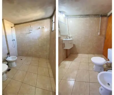 two pictures of a bathroom with two toilets and a sink at Aires de Paz in San Roque