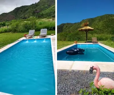 two pictures of a swimming pool with a flamingo next to it at Aires de Paz in San Roque