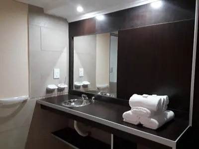 a bathroom with a sink and a mirror and towels at Ayres del Bosque in Merlo