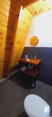 a bathroom with a toilet and a wooden ceiling at Alpinas Aliwé in San Ignacio