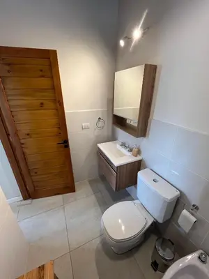 a bathroom with a toilet and a sink and a mirror at Las Champas in Villa Yacanto