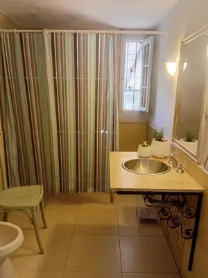 a bathroom with a sink and a shower curtain at Casitas de Campo in Mina Clavero