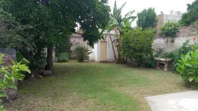 a yard with a white garage and a tree at La casa de Mirta Habitaciones en Córdoba in Cordoba