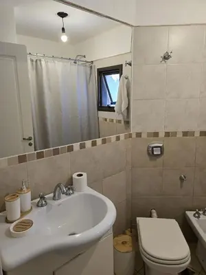a bathroom with a sink and a toilet and a mirror at ByB ALQUILERES 3 in Cordoba