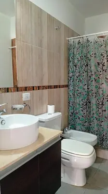 a bathroom with a sink and a toilet and a shower curtain at Exelente departamento en Carlos Paz in Villa Carlos Paz
