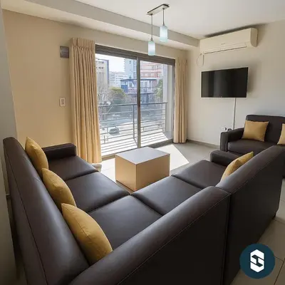 a living room with a couch and a large window at Central Suites Hotel in Villa Carlos Paz
