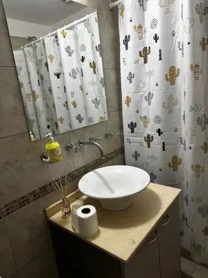 a bathroom with a sink and a shower curtain at LOFT Santa Rita in Villa Carlos Paz