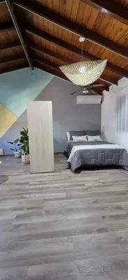 a bedroom with a bed and a chandelier at monoamb moderno in Cordoba