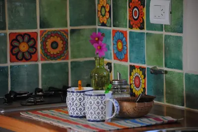 a kitchen counter with a vase with a flower in it at La Cambicha Ranchos in Los Reartes