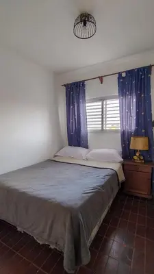 a bedroom with a large bed with blue curtains at El Depto del Rey in Cordoba