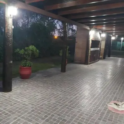 an empty patio with a plant in a pot at Cabañas Los Abuelos in Santa Rosa de Calamuchita