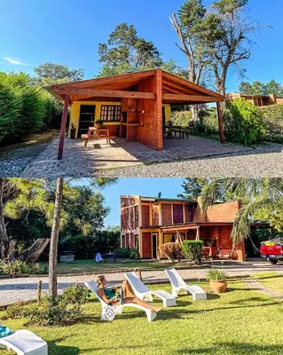 two pictures of a house and a person sitting in a chair at Cabañas Pinares al Alba in Almafuerte