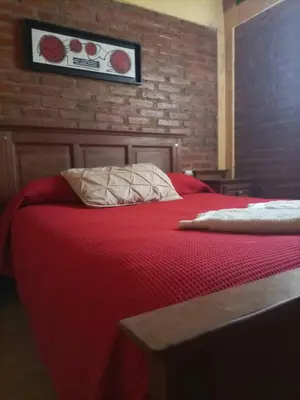 a bedroom with a red bed with a brick wall at Cabañas Pinares al Alba in Almafuerte