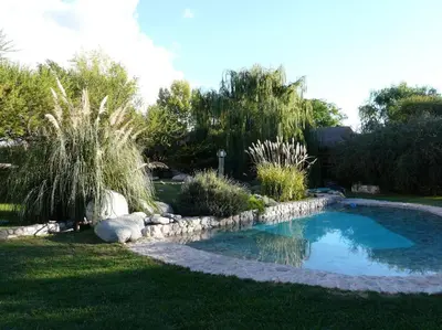a swimming pool in a yard with grass and trees at Posada La Valentina in Villa de Las Rosas