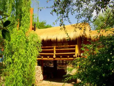 a large hut with a thatched roof in a garden at Posada La Valentina in Villa de Las Rosas
