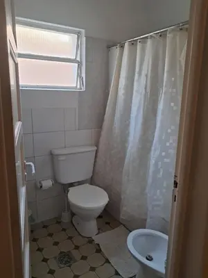 a bathroom with a toilet and a shower curtain at La Casa de María Helenra in Alta Gracia