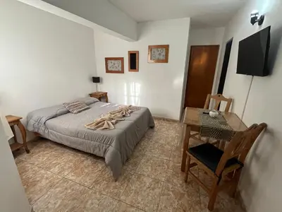 a bedroom with a bed and a desk and a television at Complejo El Viejo Nogal in Villa General Belgrano