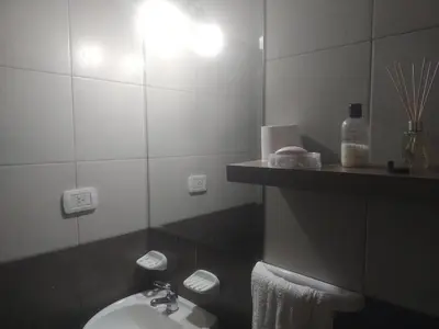 a bathroom with a sink and a toilet and a shelf at dpto próximo patio olmos pileta in Cordoba