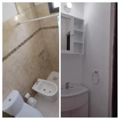 two pictures of a bathroom with a sink and a toilet at Portal del rio in Mina Clavero