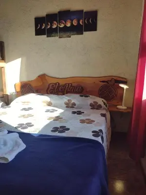 a bedroom with a bed with a blue comforter with flowers on it at El Alma De Yacanto Hotel Boutique in Villa Yacanto