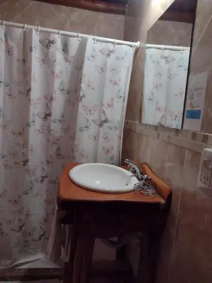 a bathroom with a sink and a shower curtain at El Alma De Yacanto Hotel Boutique in Villa Yacanto
