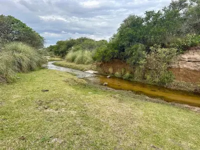 a river with brown water next to a grass field at Casa de campo con piscina, limpieza y desayuno in Río Cuarto